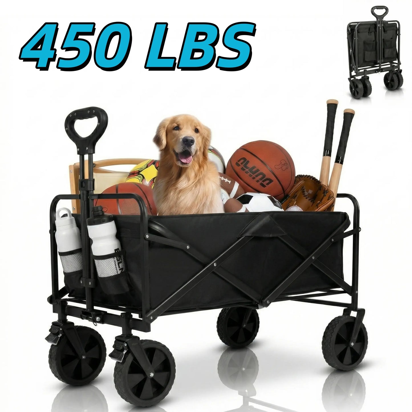 Heavy Duty Foldable Utility Wagon, 450lbs Capacity Cart with 360° Wheels for Camping, Beach & Shopping