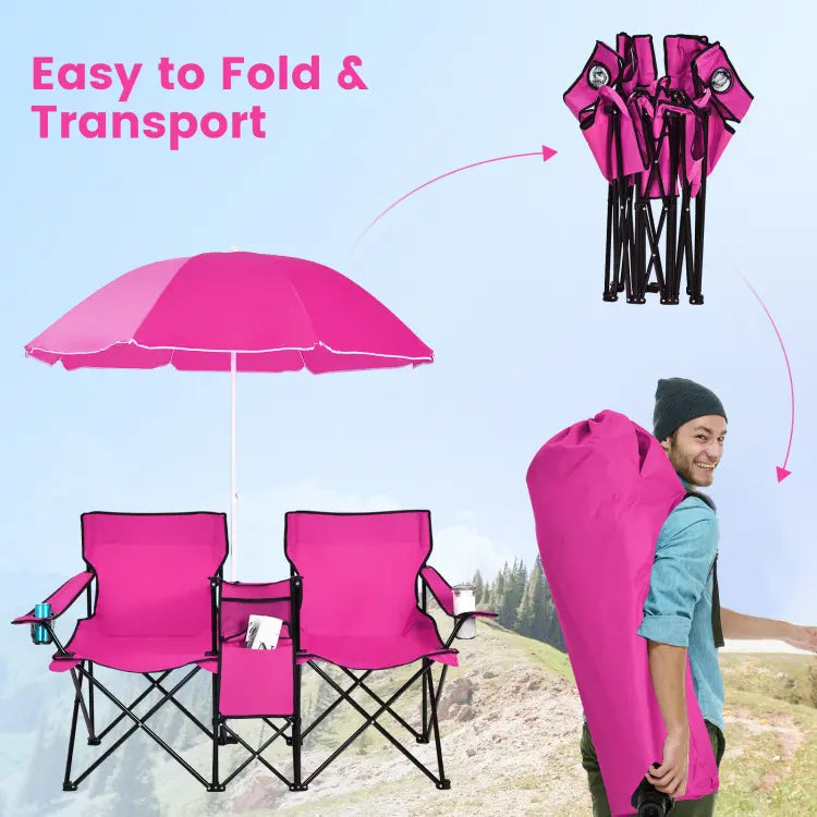 2-Seat Folding Camping Chair with Removable Umbrella for Beach, Patio & Backyard Use