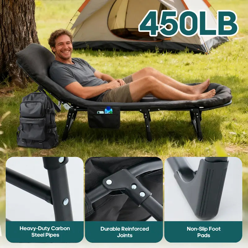 JIOABL Adjustable Camping Cot for Adults, Portable Folding Bed with 6 Reclining Positions for Outdoor Use