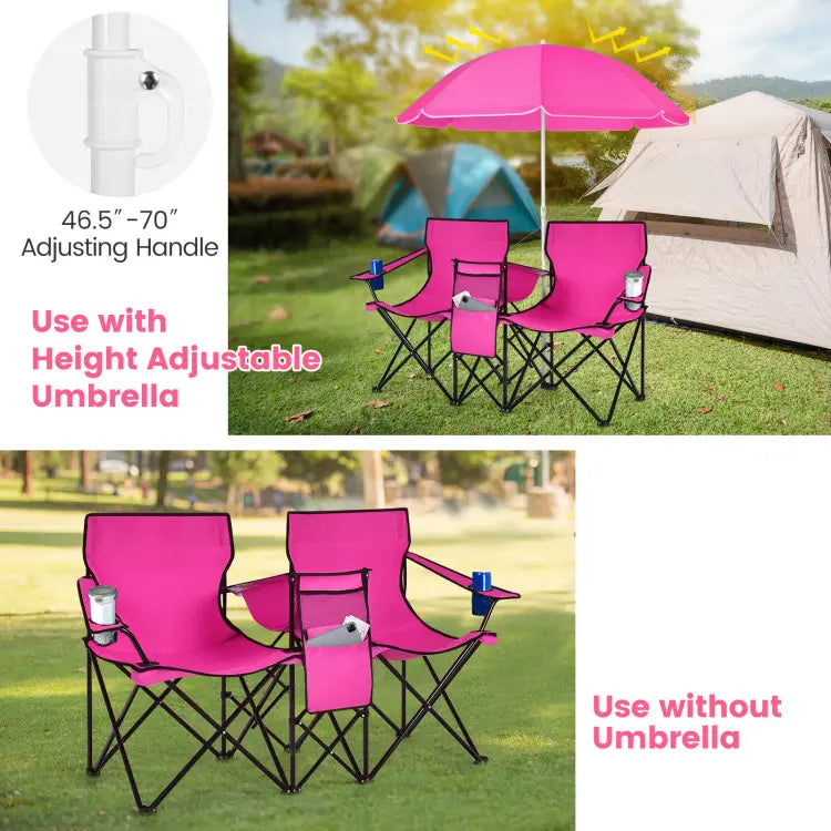 2-Seat Folding Camping Chair with Removable Umbrella for Beach, Patio & Backyard Use