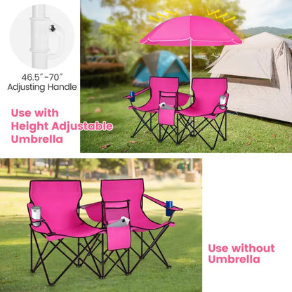 2-Seat Folding Camping Chair with Removable Umbrella for Beach, Patio & Backyard Use