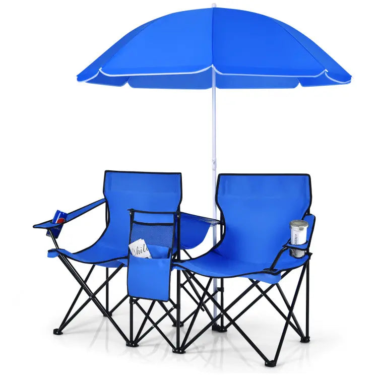2-Seat Folding Camping Chair with Removable Umbrella for Beach, Patio & Backyard Use
