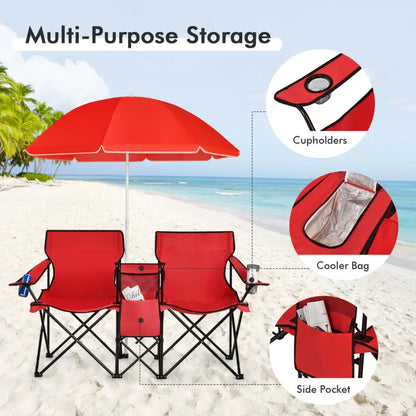 2-Seat Folding Camping Chair with Removable Umbrella for Beach, Patio & Backyard Use