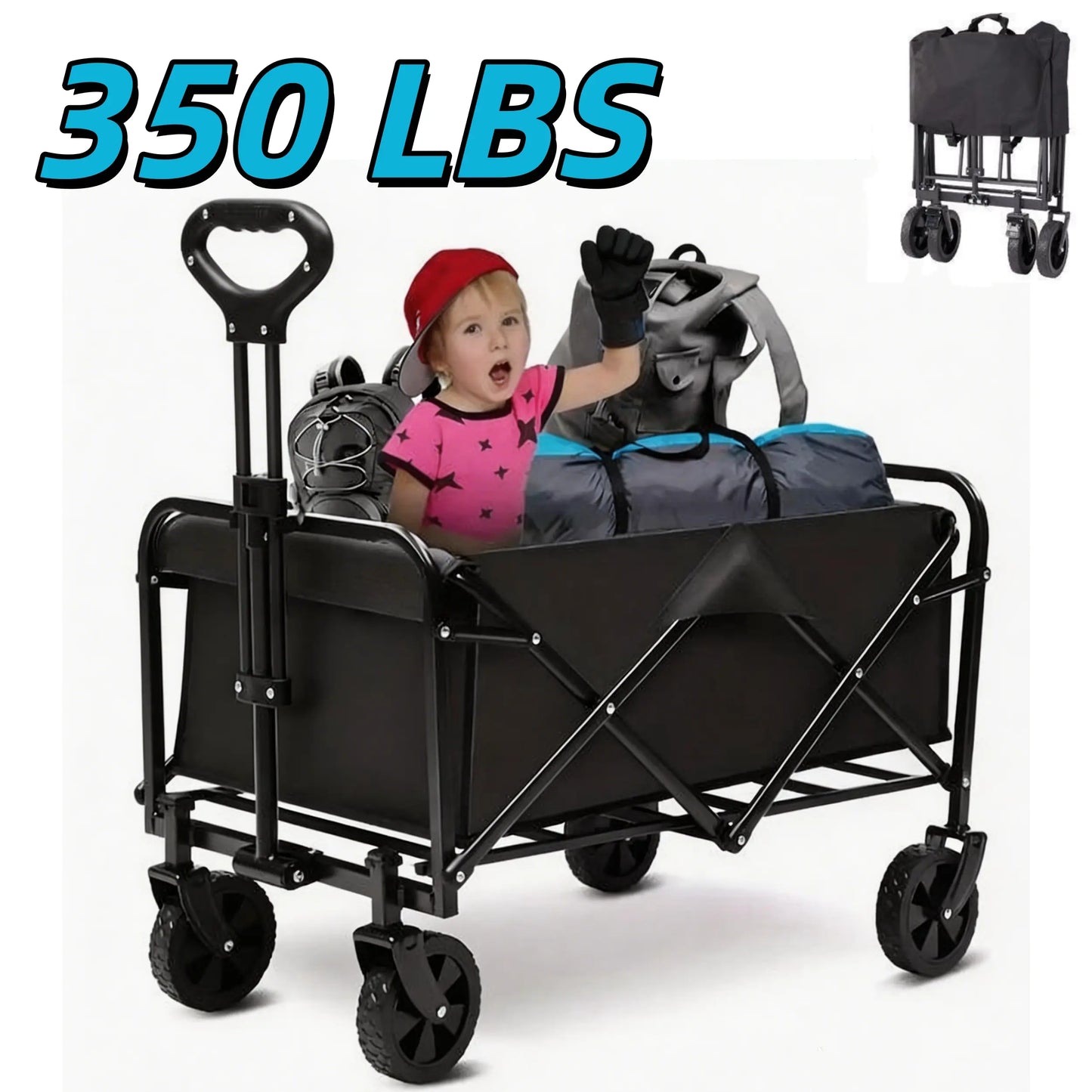 Heavy Duty Foldable Utility Wagon, 450lbs Capacity Cart with 360° Wheels for Camping, Beach & Shopping