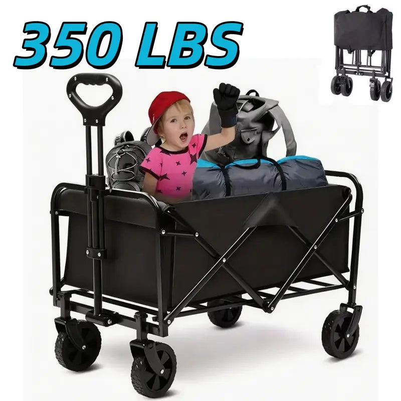 Heavy Duty Foldable Utility Wagon, 450lbs Capacity Cart with 360° Wheels for Camping, Beach & Shopping
