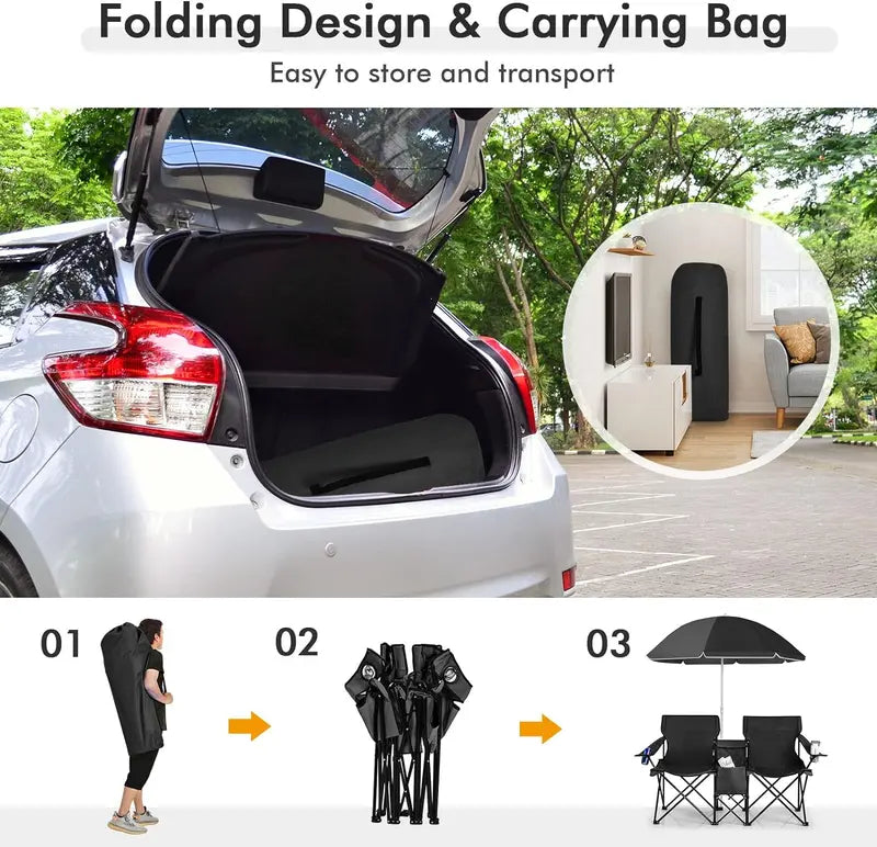 2-Seat Folding Camping Chair with Removable Umbrella for Beach, Patio & Backyard Use