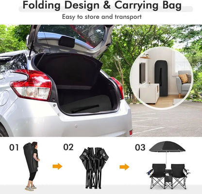 2-Seat Folding Camping Chair with Removable Umbrella for Beach, Patio & Backyard Use