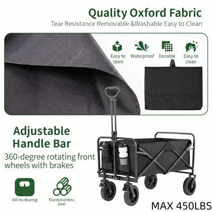 Heavy Duty Foldable Utility Wagon, 450lbs Capacity Cart with 360° Wheels for Camping, Beach & Shopping