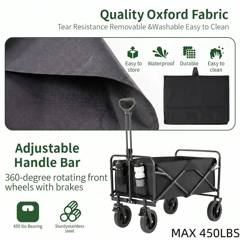 Heavy Duty Foldable Utility Wagon, 450lbs Capacity Cart with 360° Wheels for Camping, Beach & Shopping