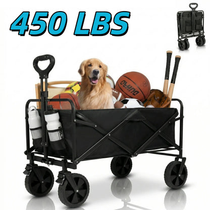 Heavy Duty Foldable Utility Wagon, 450lbs Capacity Cart with 360° Wheels for Camping, Beach & Shopping