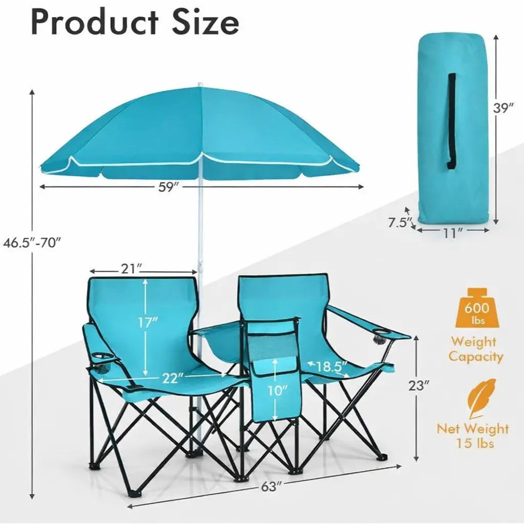 2-Seat Folding Camping Chair with Removable Umbrella for Beach, Patio & Backyard Use