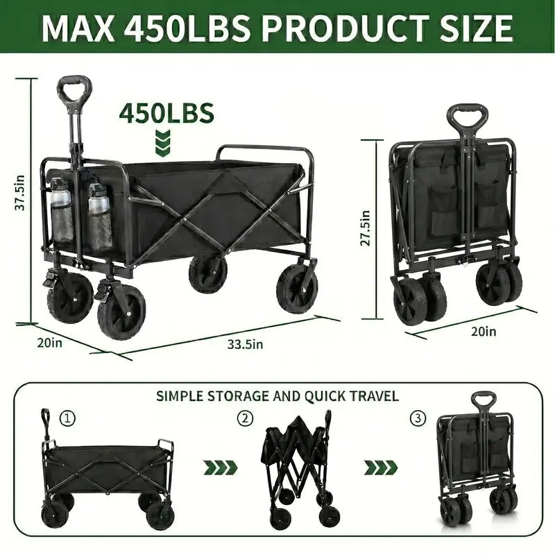 Heavy Duty Foldable Utility Wagon, 450lbs Capacity Cart with 360° Wheels for Camping, Beach & Shopping